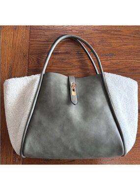 Un Billion Lacy Tote Bag Olive Vegan Leather Faux Sherpa Accent Gold Turn Lock